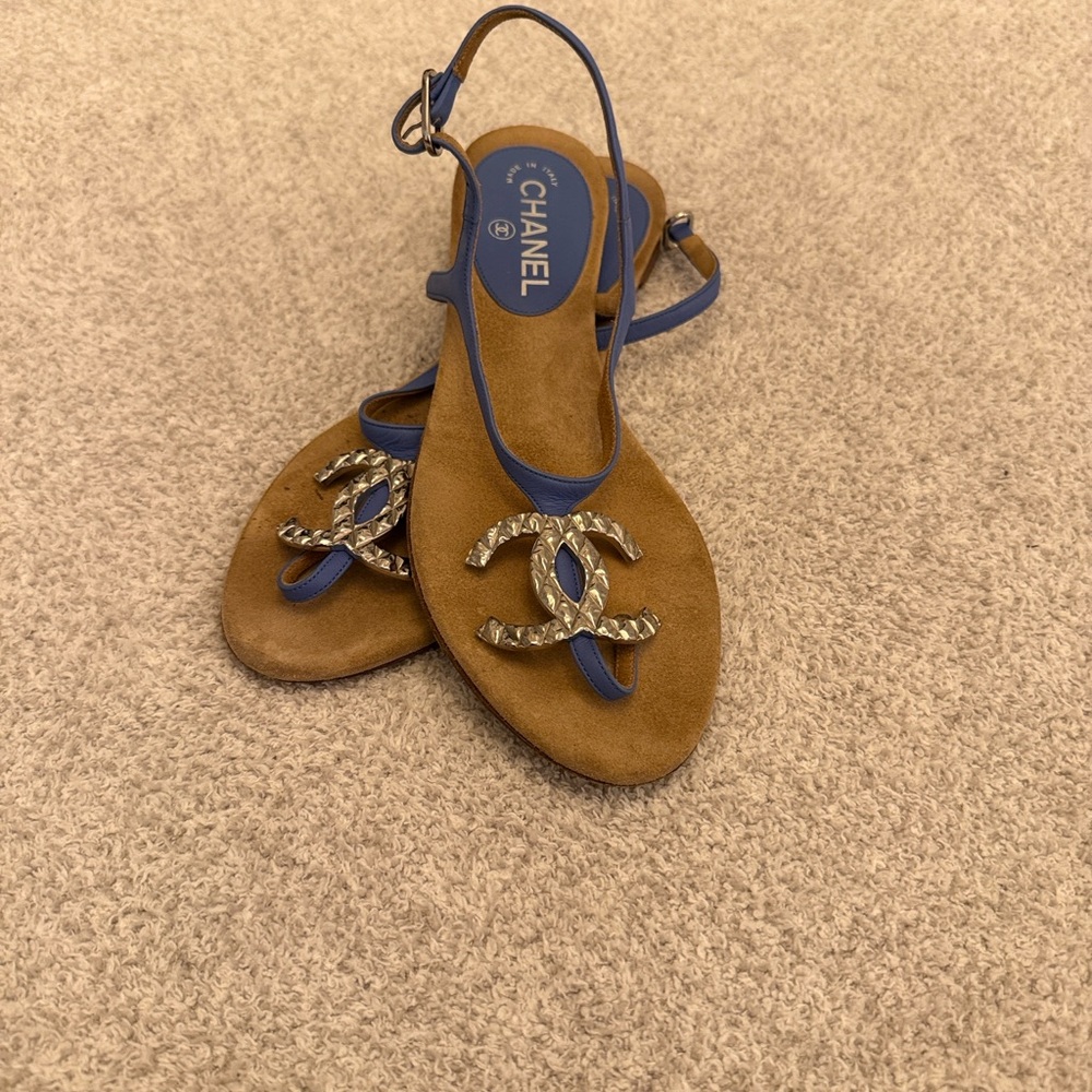 Chanel Tan and Blue Sandals